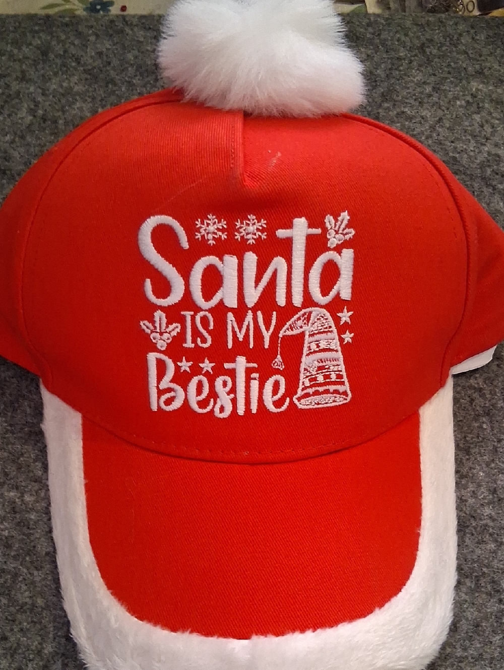 Santa Is My Bestie Red Pom-Pom Baseball Cap